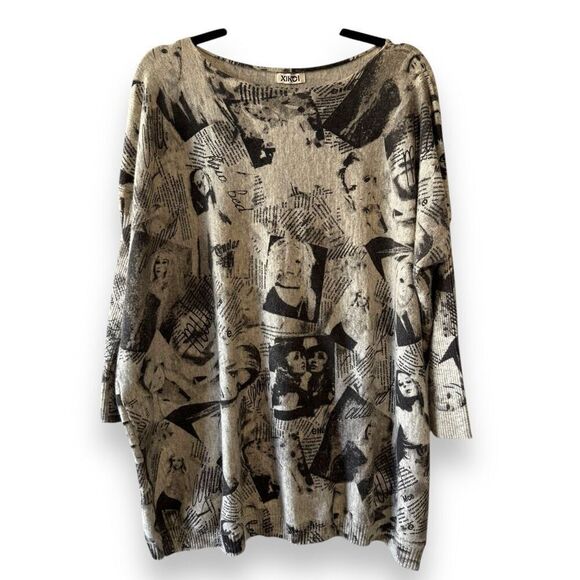 XIKOI Newspaper Print Wool Blend Oversized Pullover Graphic‎ Sweater Gray Medium - Picture 1 of 9
